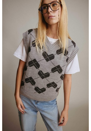 Defacto Coool Regular Fit V Yaka Desenli Süveter F9541ax25augr256 Gri