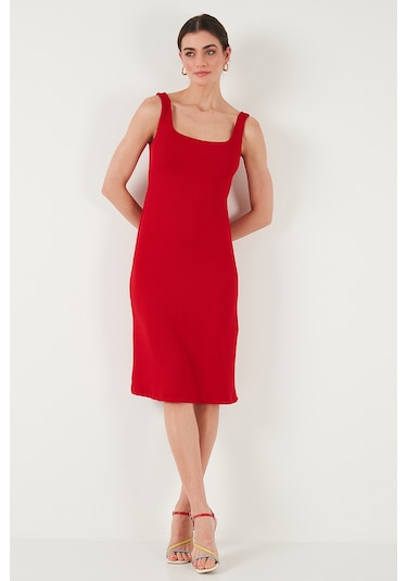Lela Streç Slim Fit Kare Yaka Kalın Askılı Midi Boy Bayan Elbise 5866102 Kırmızı