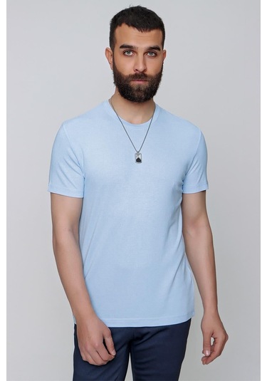 Slim Fit Bisiklet Yaka Düz Pamuklu Mavi Tişört Ts 823 Mavi