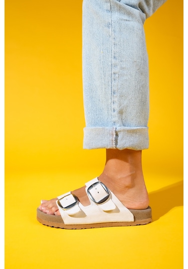 Ovesta Beyaz Süet Hakiki Deri Çift Bantlı Kadın Terlik Beyaz