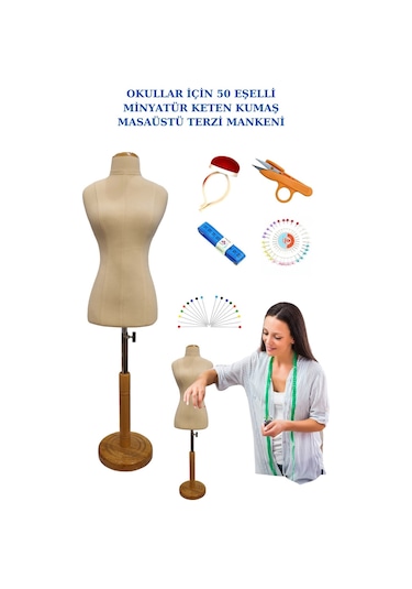 Keten Kumaş Süngerli 50 Eşel Okullar İçin Minyatür Terzi Mankeni