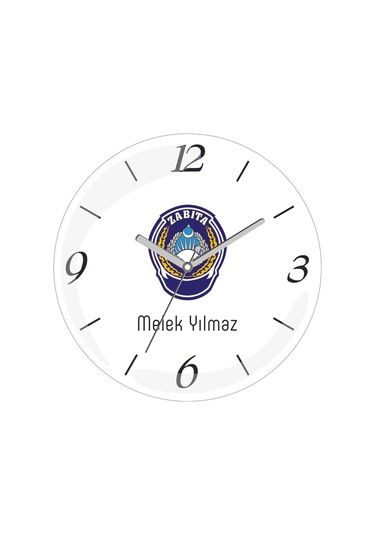 Kişiye Özel Zabıta Logolu Çap 30 Bombeli Gerçek Cam Duvar Saati Siyah