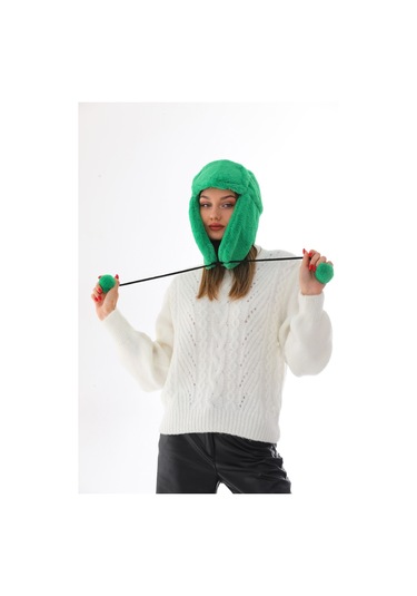 Kadın Yeşil Kürklü Kulaklıklı Peluş Şapka Yeşil