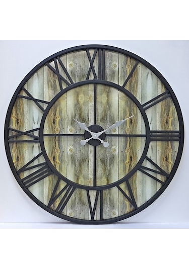 Otantik Ferforje Metal Ahşap Eskitme Duvar Saati 76Cm Ahşap