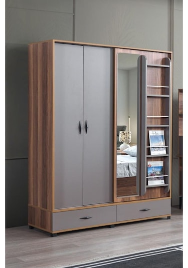 Defne Sürgülü Gardırop Aynalı Çekmeceli 150x60x200