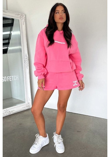 Thatsofetch Sweatshirt - Pembe Baskılı Oversize Kapüşonlu Pembe