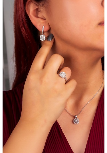 925 Ayar Gümüş Rodyumlu Zirkon Süslemeli Baget Bayan Takı Seti -8239 Gümüş