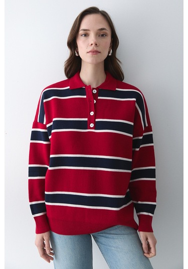 Kırmızı Lacivert Polo Yaka Şeritli Kazak - 251129 Kırmızı - Lacivert
