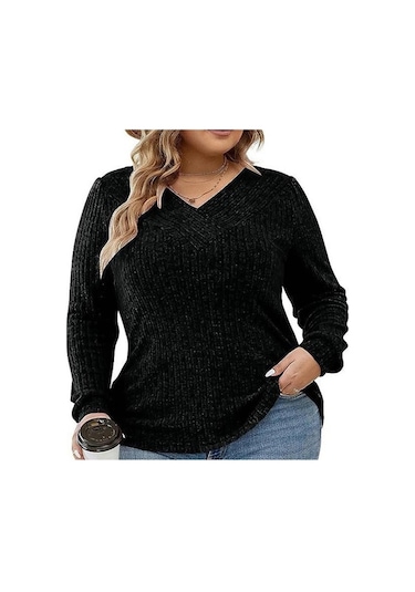 Tongxida Sonbahar-kış Kadın Uzun Kollu V Yaka Çukur Kazak Siyah, Büyük Beden, El/makine Yıkama Siyah