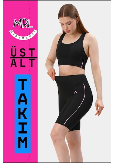 Kadın Siyah Takım Alt-üst Kısa Şort-tayt Ve Pedli Sporcu Büstiyer 2li Set Lila Biyeli Elt3043 Siyah Lila