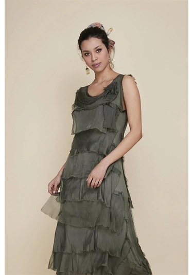 Italyan 2 Beden İnce Gösteren Kat Kat Kolsuz Ipek Elbise Koyu Haki