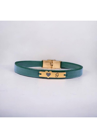 Archin Ğ Harfine Özel Hakiki Yeşil Derili Kalp Figürlü 14 Ayar Altın Plakalı Hediye Bileklik-573harf Ğ