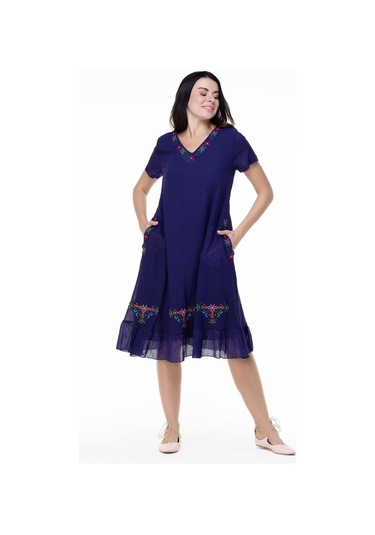 Kısa Kol Şile Bezi Mehtap Midi Boy Nakış Detaylı Elbise Mor Mor-mor