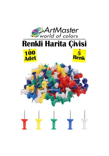 Renkli Harita Çivisi 100 Lü 1 Paket Mantar Pano Raptiyesi Renkli Pano İğnesi Okul Büro Renkli Harita Çivisi Ofis 1 M