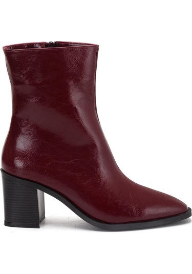 Bordo Kadın Kalın Topuklu Bot Rugan Küt Burun Yüzüdüz-4255 Bordo