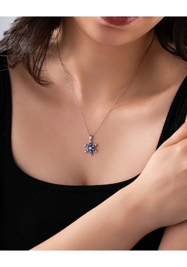 925 Ayar Safir Taşlı Rodyum Lotus Çiçeği Gümüş Kolye Rn10305 Gümüş