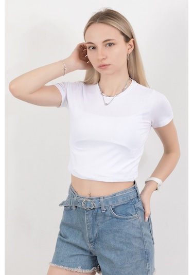 Giysa Kadın Bisiklet Yaka Pamuklu Basic T-shirt Beyaz Ms0000102 Beyaz