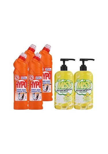 Hypo Gider Açıcı Çamaşır Suyu Çam Tazeliği 750 Gr X 4 + Miss Bulaşık Deterjanı Limon 1 L X2 6'lı Set