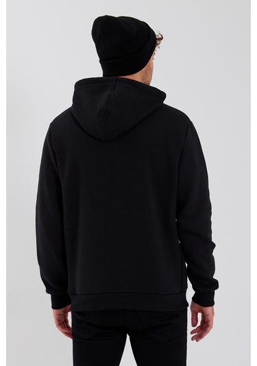 Erkek 3 İplik Pamuklu İçi Polarlı Baskılı Regular Fit Kapüşonlu Kanguru Cepli Siyah Sweatshirt Siyah