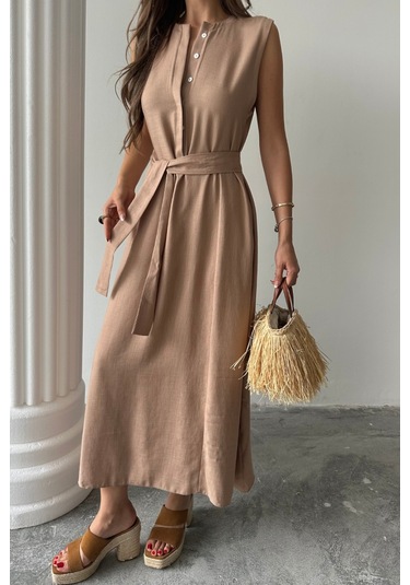 Keten Elbise Kolsuz Bel Bağlamalı Maxi Elbise - Kahverengi Çok renkli