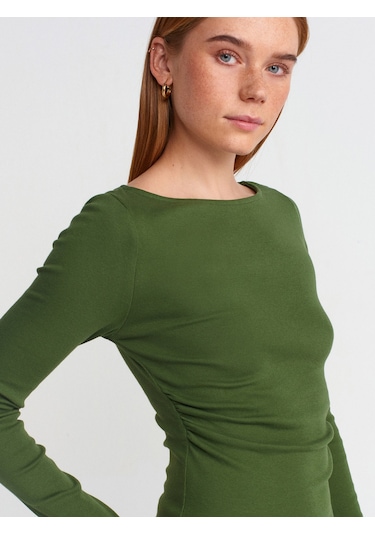 Dilvin 31401 Büzgülü Kayık Yaka Top-koyu Haki Koyu Haki