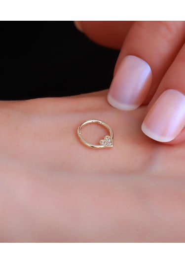 14 Ayar Altın Taşlı Kalp Halka Tragus Piercing Sarı Altın