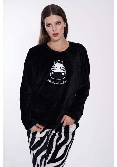 Kadın Uzun Kol Welsoft Siyah Pijama Takımı C3t0n3o059 001