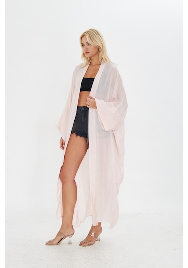 Kutaf Pudra Pembe Uzun Soft Kimono Açık Kahverengi
