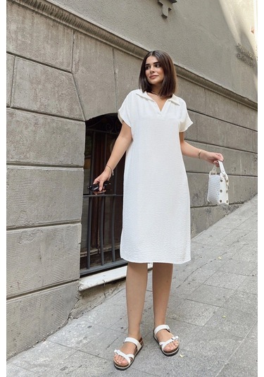 Ekru Kısa Kol, Polo Yaka, Dokulu Kumaş, Basic Kalıp/kesim, Aerobin Rahat Midi Elbise Ekru