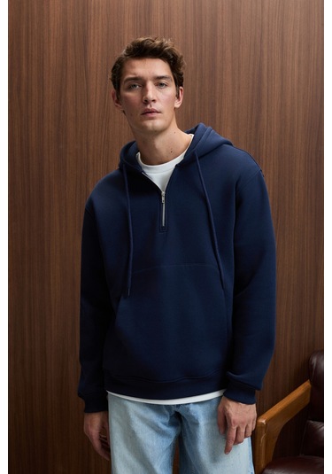 JUSTUS Erkek Kapüşonlu Kanguru Cepli Fermuar Yakalı Lacivert Sweatshirt