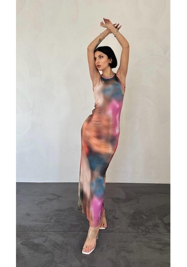 Renkli Batik Desenli Elbise Renkli