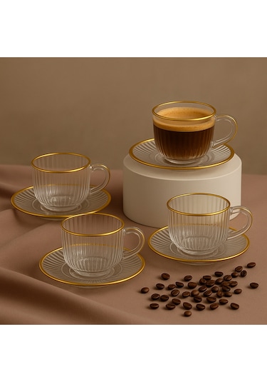 Elta Collection Gold Yaldızlı 6 Lı Cam Kahve Takımı Şık Ve Modern Tasarım Çizgili Gold