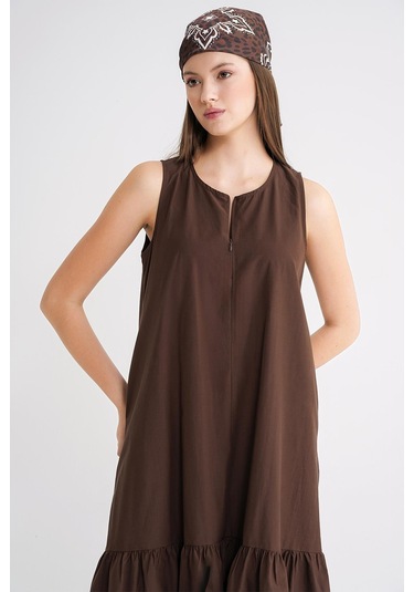 4695 Kadın Eteği Pileli Fermuar Detaylı Uzun Paraşüt Elbise Kahve Kahve