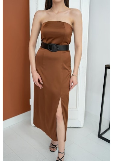 Kahverengi Straplez Saten Elbise Kahve