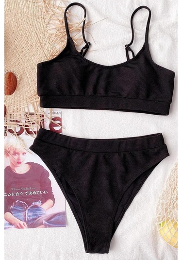 Angelsin Yüksek Bel Fitilli Kumaş Bikini Altı Siyah