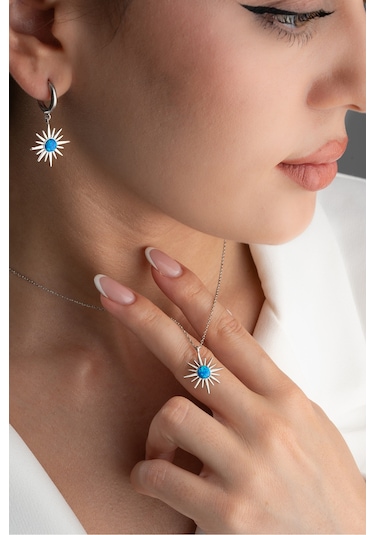 Çekirdekjewelry 925 Ayar Gümüş Opal Taşlı Kolye Küpe Seti Gri