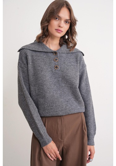 6900 Kadın Düğmeli Devrik Yaka Triko Kazak Antrasit Antrasit
