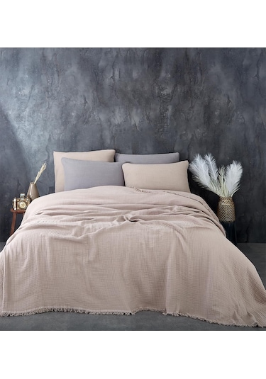 Müslin%100 Pamuk Tek Kişilik Yatak Örtüsü Pike Takımı 4 Katlı Yumuşak Battaniye 2 Parça Bej Cappuccino