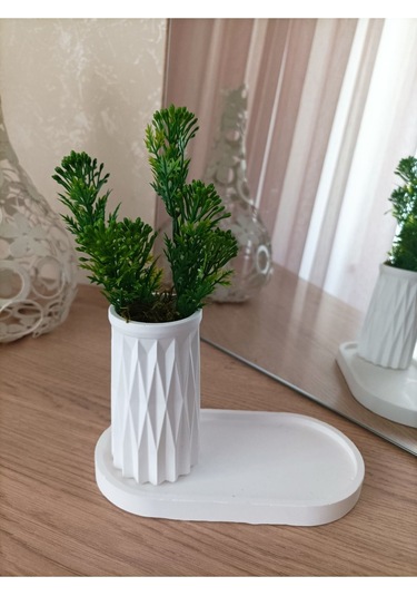 Mini Desenli Beton Saksı Tekli Ve Oval Tabak - Yapay Çiçek Hediyeli - Yeşil Tomurcuk