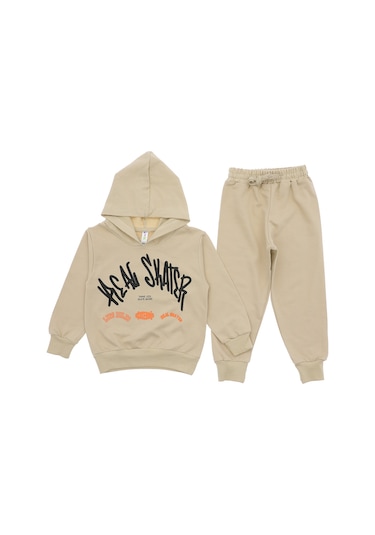 Erkek Çocuk Eşofman Takımı Kapüşonlu Pamuklu Kahverengi