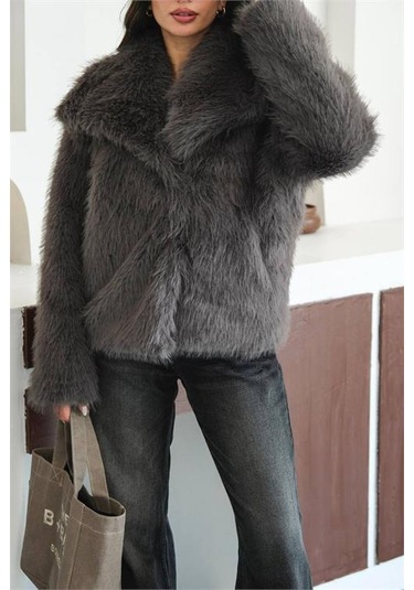 Neşeli Butik Kadın Antrasit Astarlı Kürk Kaban Nbmylk32 Antrasit