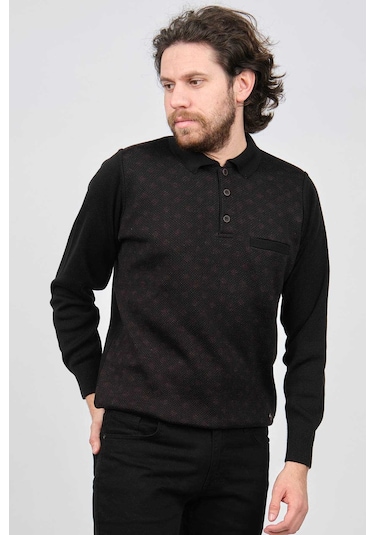 Çizgi Triko Erkek Cep Detaylı Polo Yaka Desenli Kazak 42544226 Siyah Siyah
