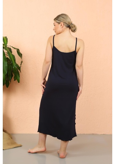 Akbeniz Kadın İp Askılı Yırtmaçlı Uzun Lacivert Gecelik 90119-lacivert Lacivert