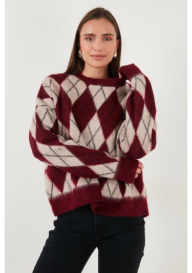 Lela Oversize Fit Bisiklet Yaka Baklava Desenli Yumuşak Dokulu Bayan Kazak 4616223 Bordo
