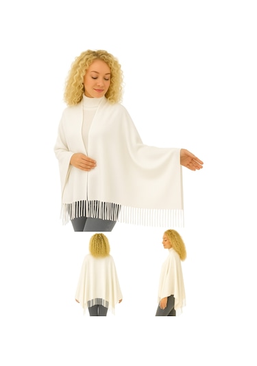1 Adet Kadın Büyük Bedene Uygun Ekstra Yumuşak Dokulu Püskül Detaylı Kışlık Atkı Omuz Şalı Krem