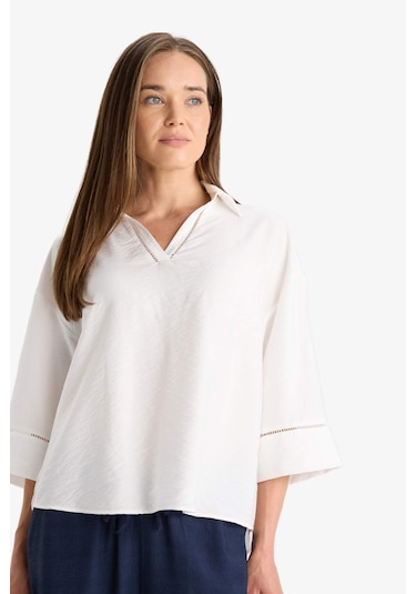 Defacto Relax Fit Gömlek Yaka Uzun Kollu Bluz F4977ax25auer105 Ekru