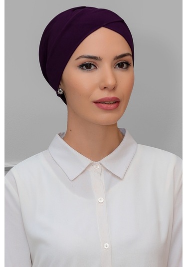 Mürdüm Pratik Hazır Geçmeli Tesettür Bone Sandy Kumaş Çapraz Büzg Mürdüm