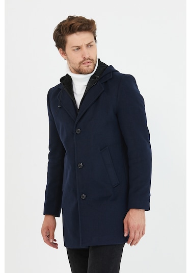 Erkek Lacivert Yün Karışımlı Kaşe Kapüşonlu Önü Fermuarlı Kaban Lacivert