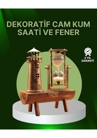 Kum Saati + Deniz Feneri Modeli Ahşap Gövdeli Masa Üstü Dekor