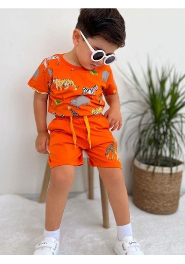 Erkek Bebek Pamuklu Hayvan Baskılı Şortlu Takım-14564 Turuncu